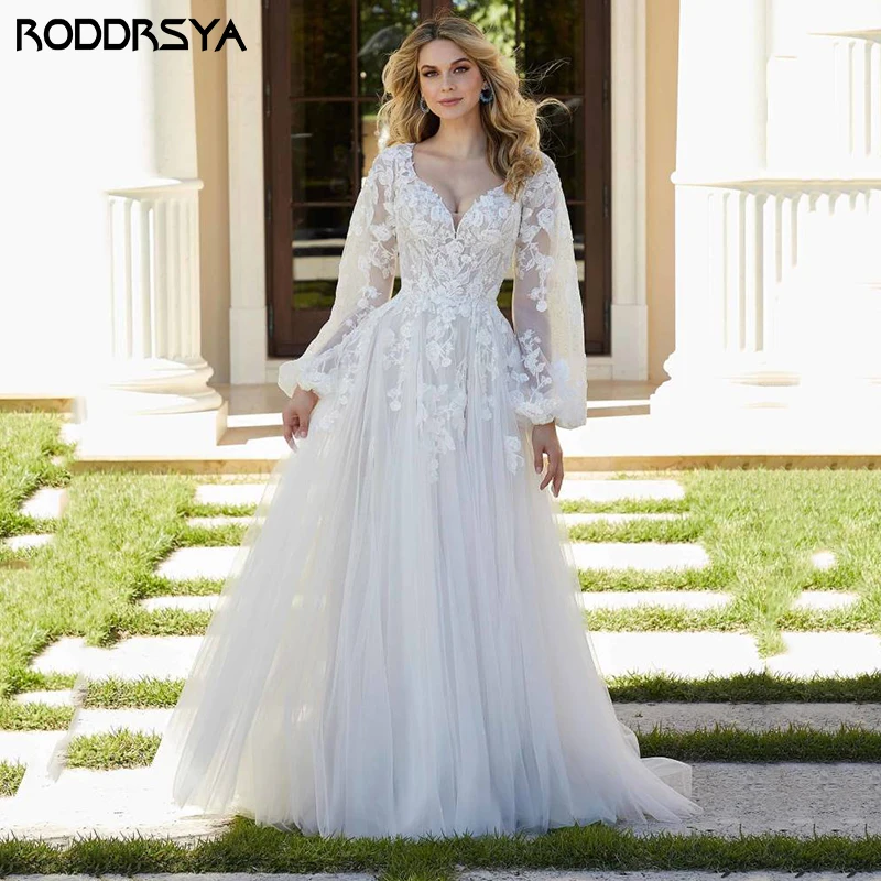 RODDRSYA Hochzeit Kleid Appliques Laterne Hülse Boho Braut Party Kleider Tüll Spitze Sweep Zug Romantik Backless robe de mariée Brautkleid Applikationen Laternenärmel Boho Brautparty Kleider Tüll Spitze Sweep Train Rom