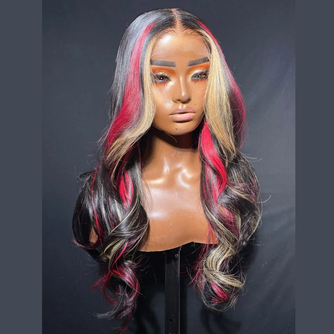 Black with Red Blonde Highlights Wig Synthetic 13x4 Lace Front Wigs Red And Blonde Loose Wave Wig Lace Frontal Wig For Women