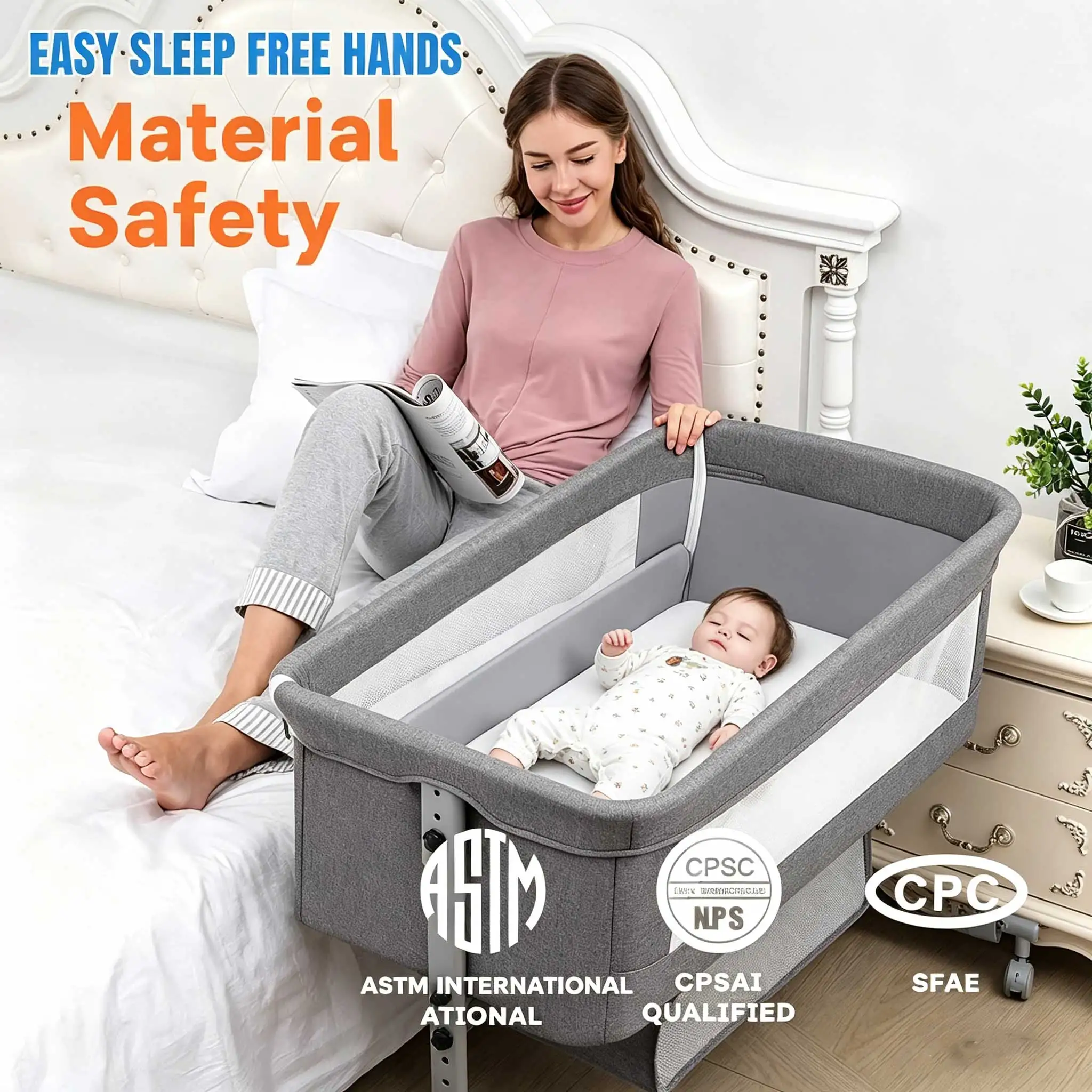 Cuna 3 en 1, Cuna de Lado, Corralito para Bebés de 0 a 3 años, Multifuncional, Plegable y Elevable, con Mosquitera y Ruedas