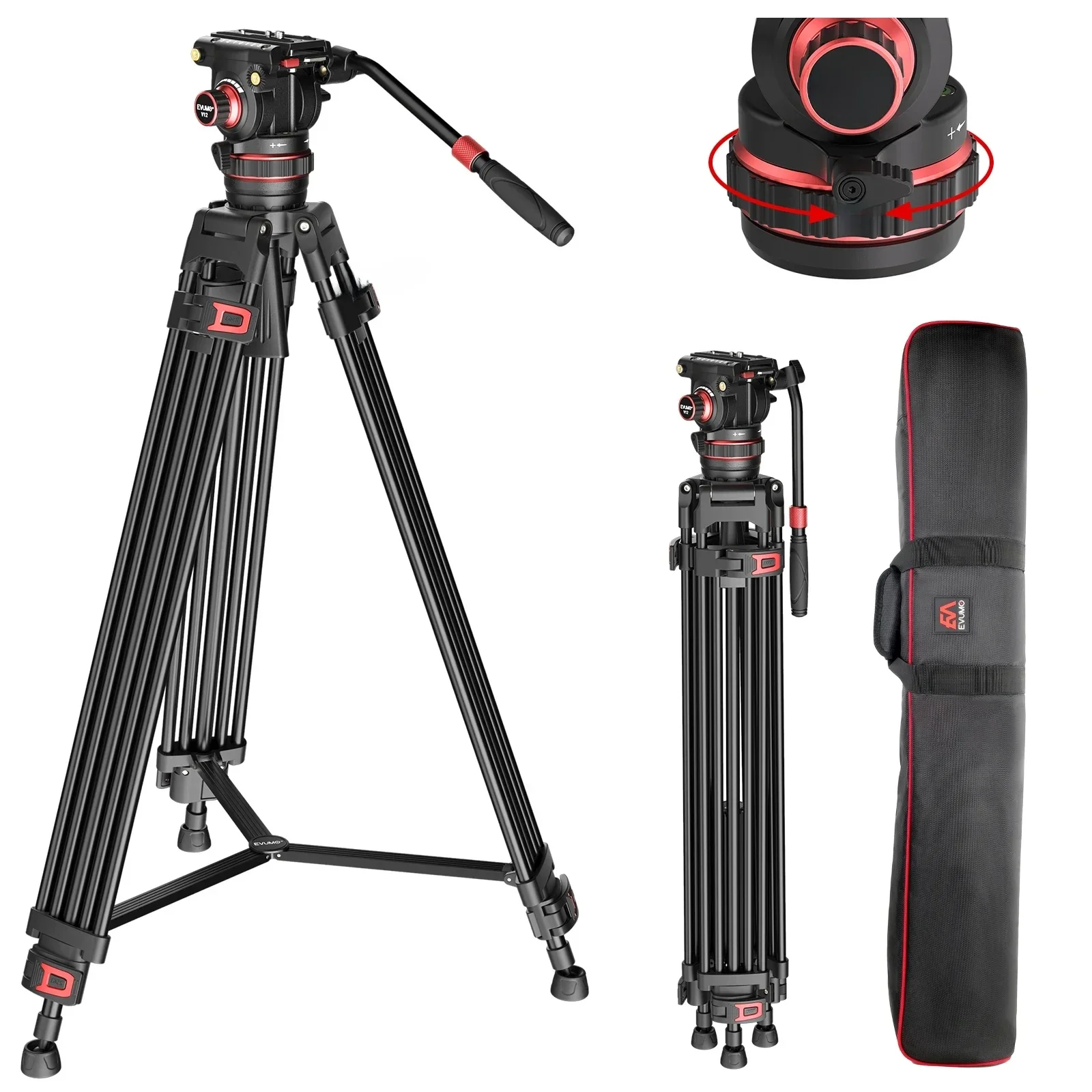EVUMO DF6 profesjonalny statyw wideo 74 ''metalowa głowica panoramiczna o dużej wytrzymałości 3 sekcje obciążenie 22lb/10kg do lustrzanki cyfrowej kamera — zdjęcie produktu 7