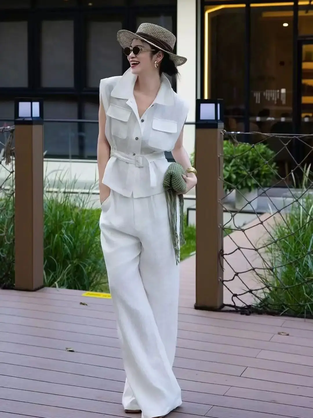 

Minimal pure linen sleeveless waist-cinching vest wide leg pants set