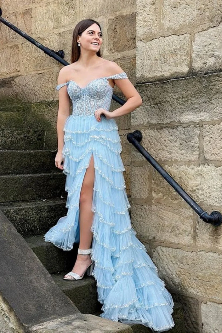 Top Fashion Off Shoulder Light Blue Lace Long Prom Dress with High Slit, Light Blue Lace Formal Dress, Layered Light Blue Evenin