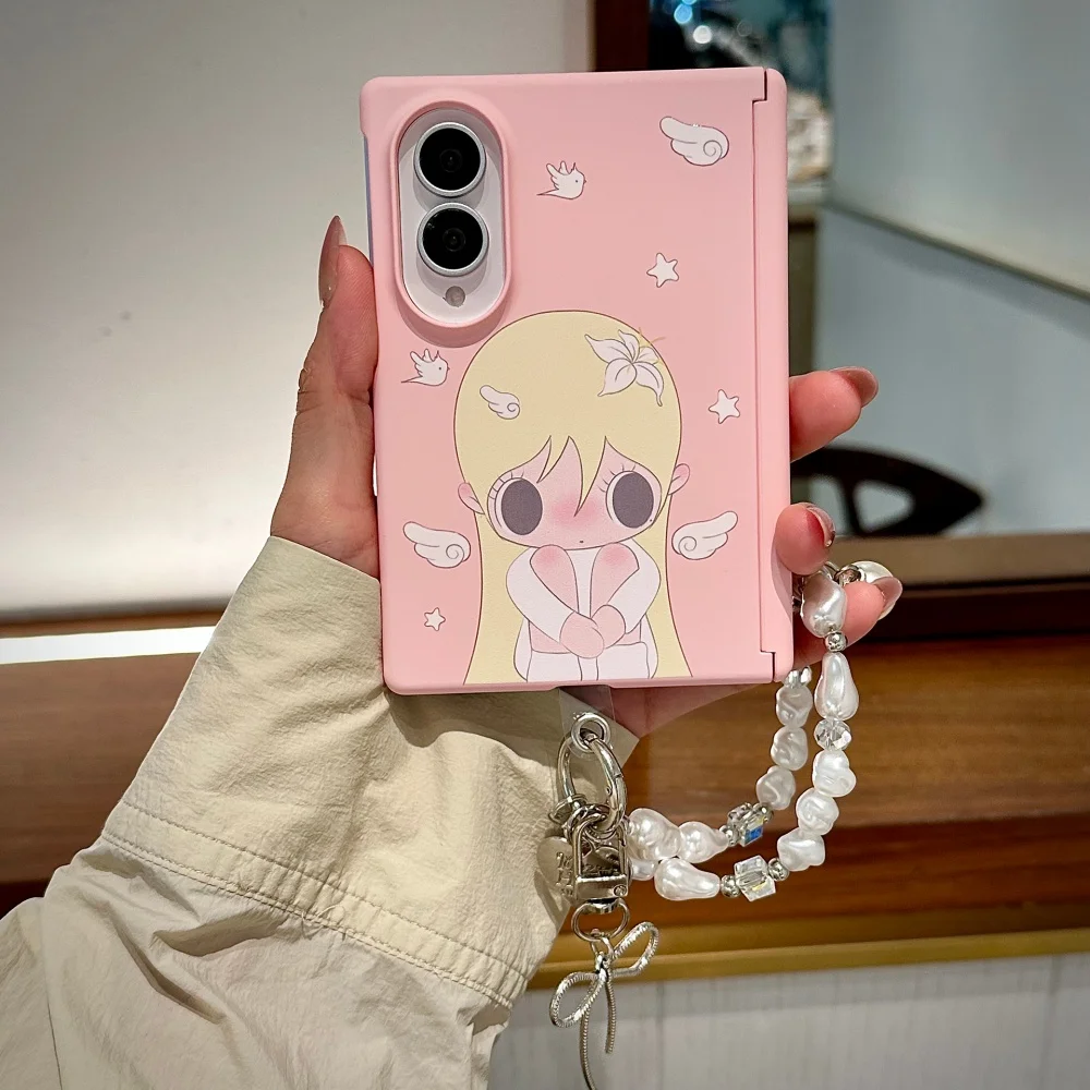 Kawaii Cartoon Girl Pink Phone Case for Samsung Galaxy Z Fold 8 Cover with Charm, Cute Fashion Shockproof Protection Cases Sweet