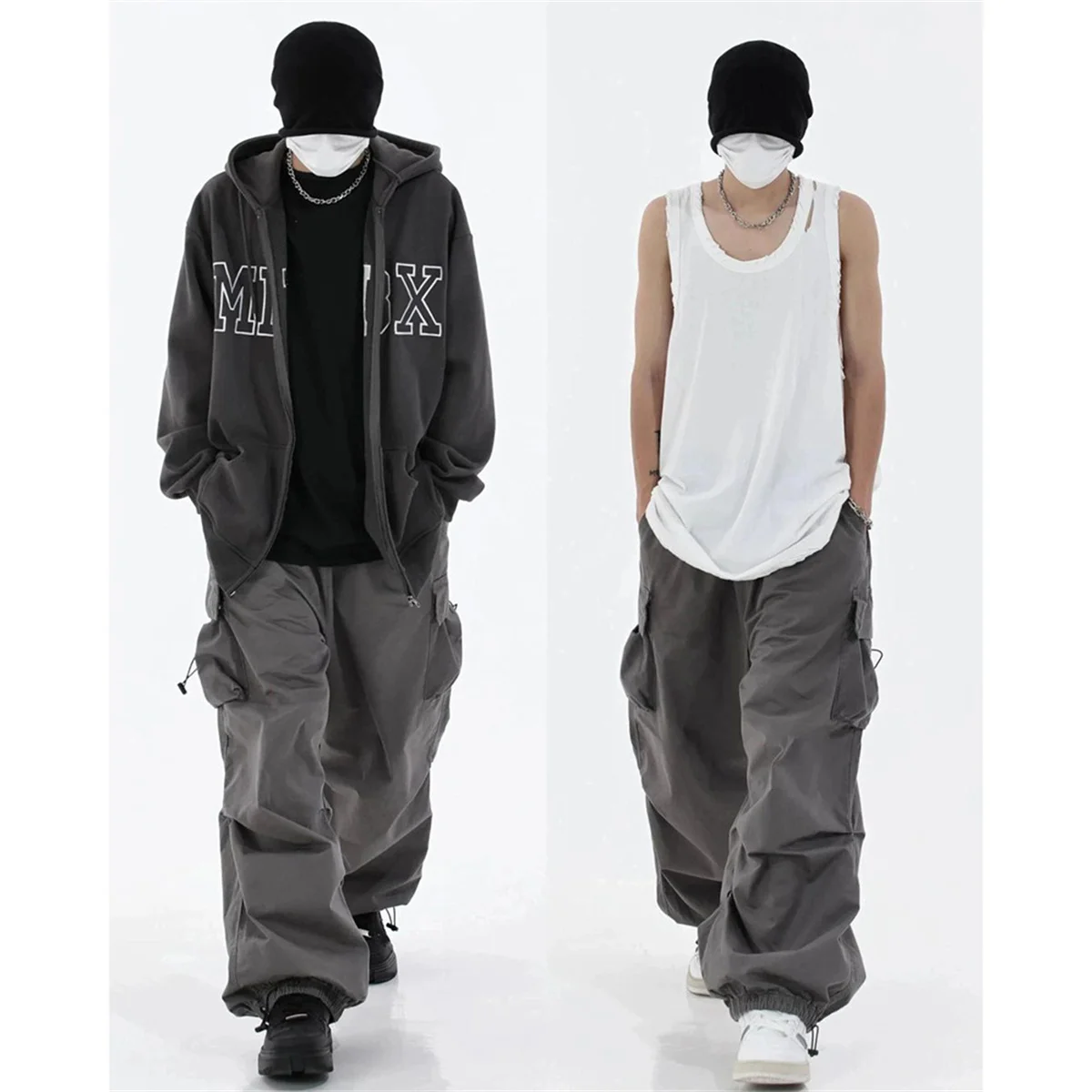 

Spring Summer Fashion Casual Pans For Men Streetwear Solid Color Cargo Pants Elastic Waist Wide Leg Men's Joggers Cargo Pants