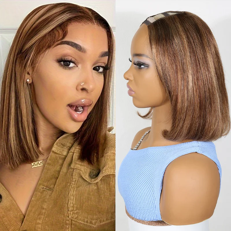 U- Part Short Bob Wig Straight Bob 100% Human Hair Wigs for Women, 150% Density Glueless Bob 4P27 Color Machine Made U-Shape Wig