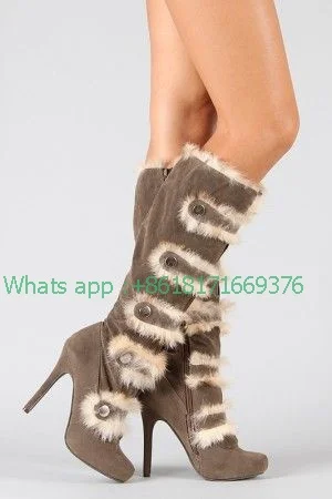 Women Sales Brown Buttons Fur Boots Sexy Warm Suede Round Toe Fabric Knee High Long Boots Ladies Stiletto High Heels Shoes