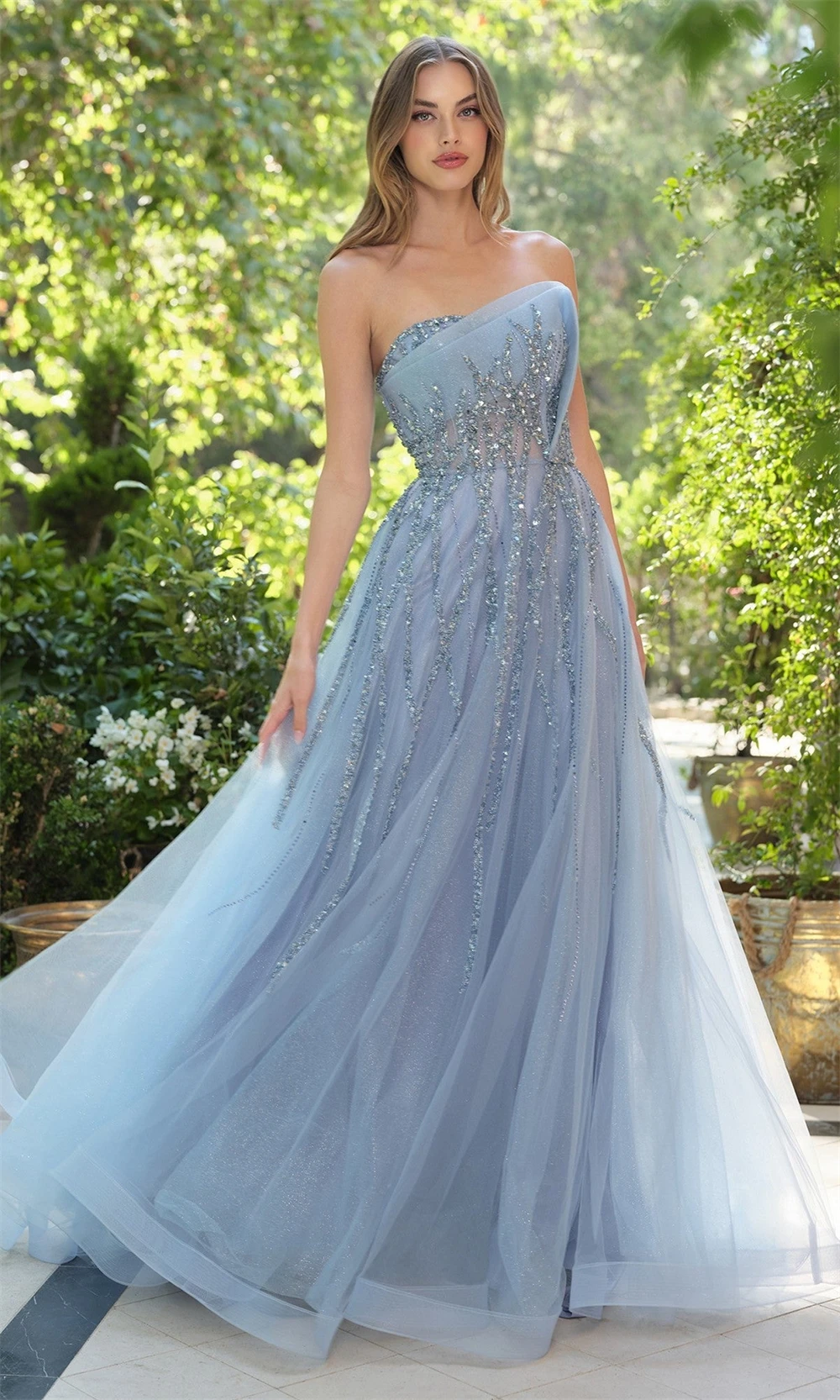 Sansa Customized Shiny Sequins A-line Baby Blue Strapless Prom Dresses Sleeveless Vestidos De Noche Floor-Length Formal Evening image 4