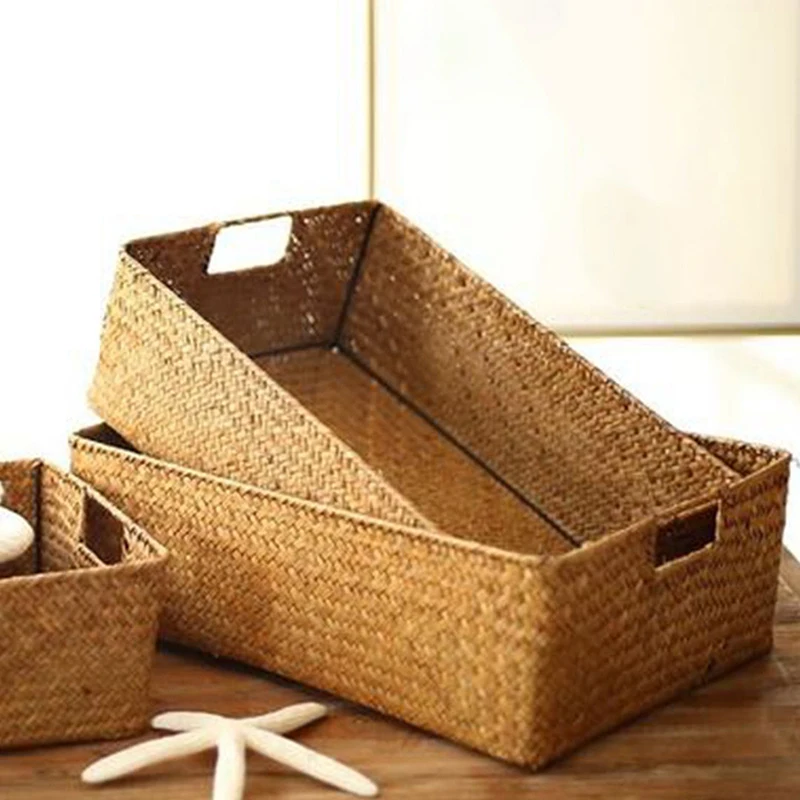 Woven Seagrass Storage Baskets Straw Rattan Basket Desk Organizer Picnic Basket Fruit Storage Box Cosmetic Storage Container