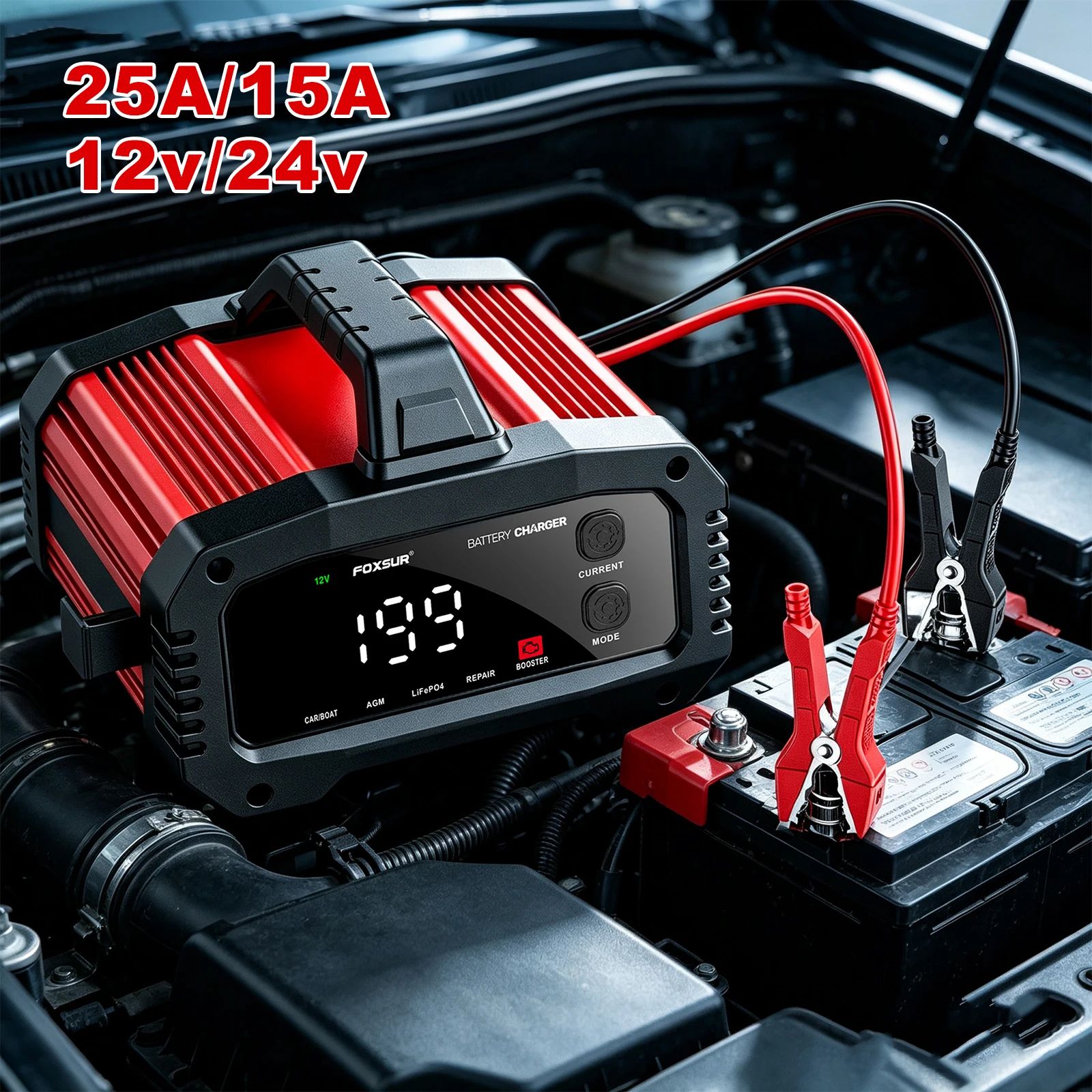 Tragbares intelligentes Autobatterieladegerät 25A/15A für 12V-24V Motorrad-Blei-Säure-AGM-GEL-LiFePo4-Batterien, Auto-Booster, Impulsreparatur, vollautomatisches Autobatterieladegerät