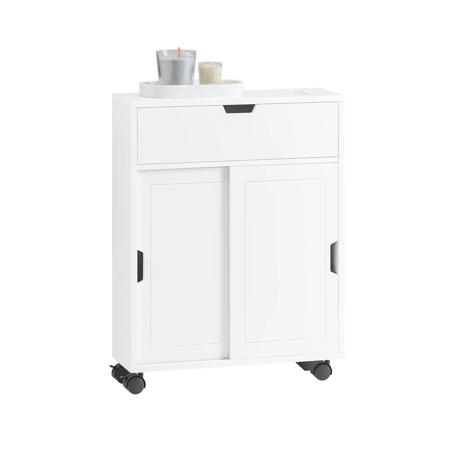 SoBuy BZR31-W étagère de niche armoire de salle de bain armoire de salle de bain chariot de salle de bain avec 2 portes coulissantes et 1 commode à rabat pour salle de bain Blanc