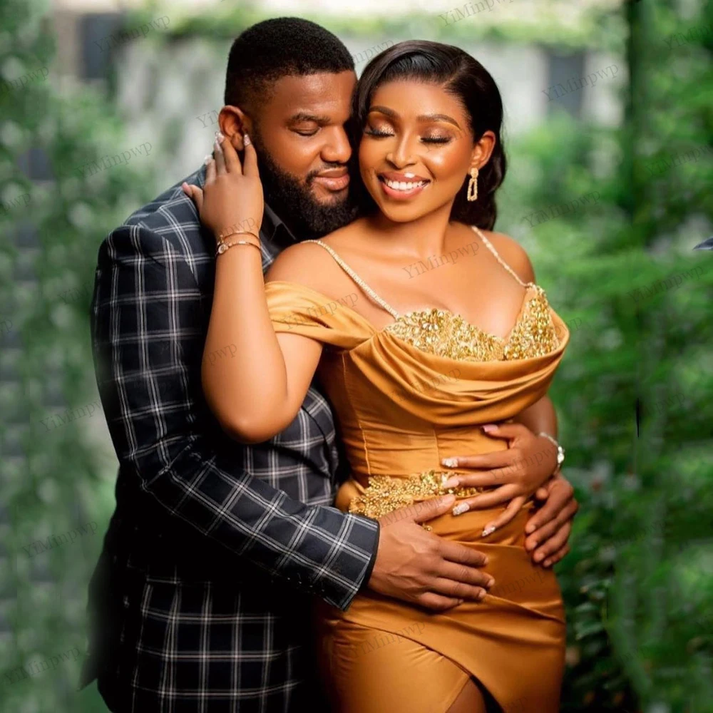 Gold Mermaid Evening Dresses Spaghetti Split Pleats Rhinestone Sequin Beading Long Aso Ebi Women Wedding Party Dress Customized