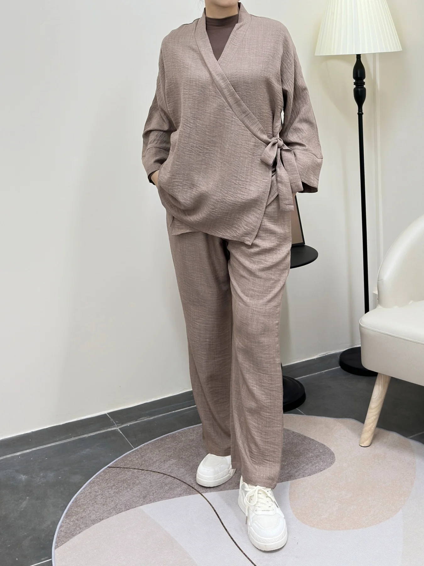 Fumidar Kimono Top and Pants Set Loose Casual Outfit with Tie Closure Wide Leg Trousers Pajama StyleFor Women