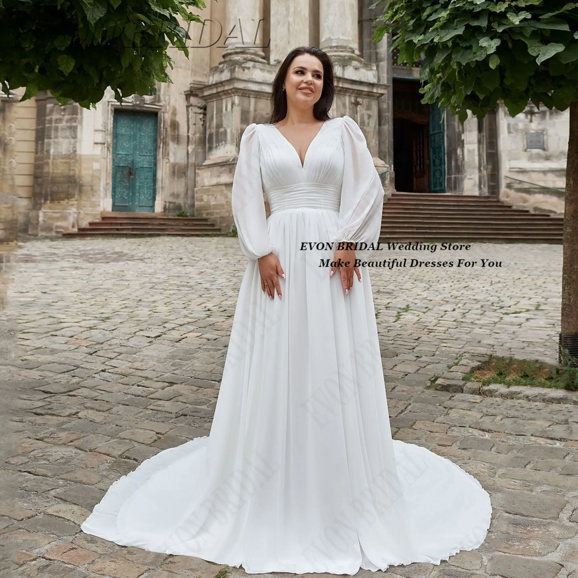 

Chiffon Full Sleeve plus Size Bride Dresses Lace Up Civil Wedding Dress With V Neck Vestido De Noiva EVON BRIDAL Customized