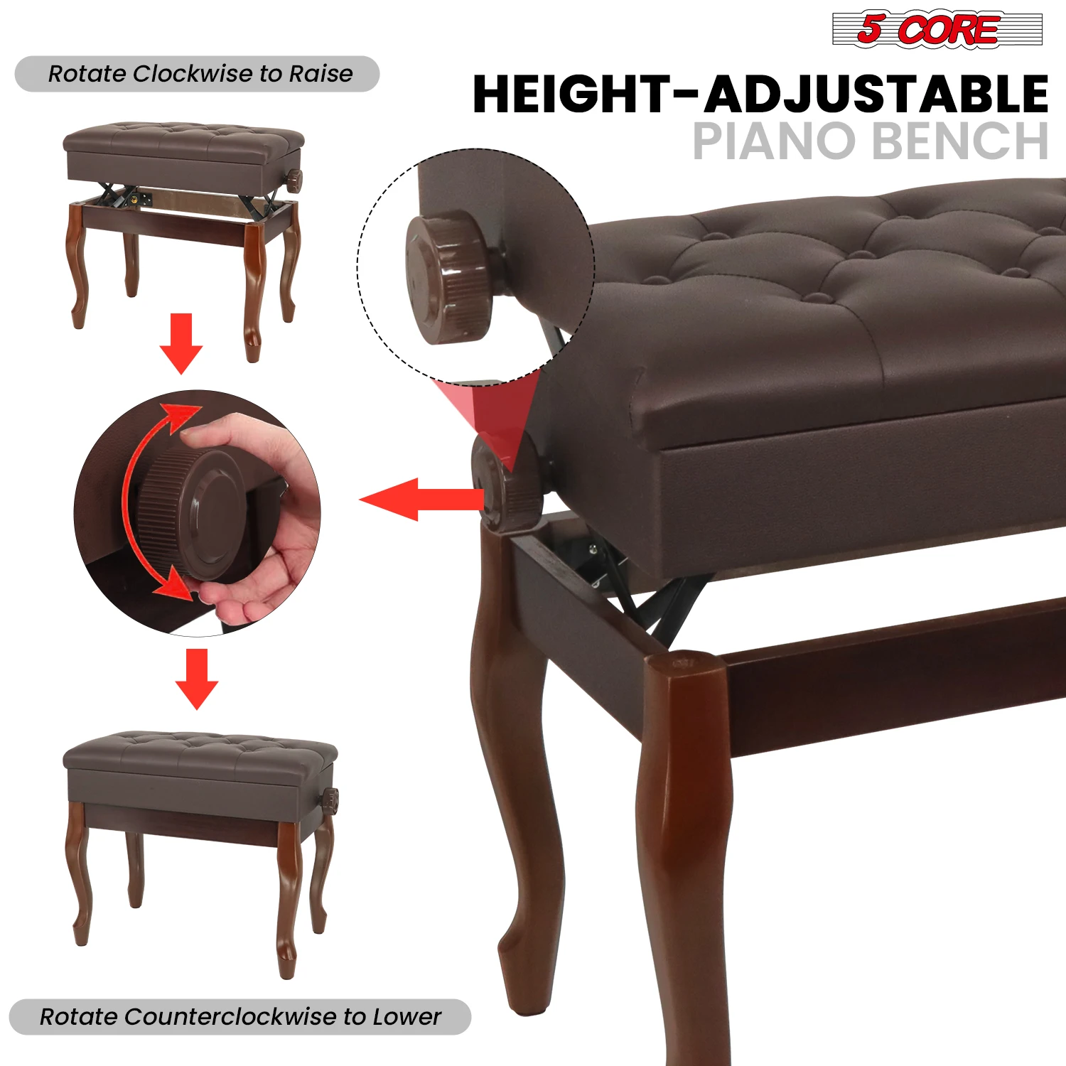 5 Core Piano Bench with Storage Wooden Adjustable Keyboard Stool Heavy Duty Padded Cushioned Seat PNB WD HD BR view 6
