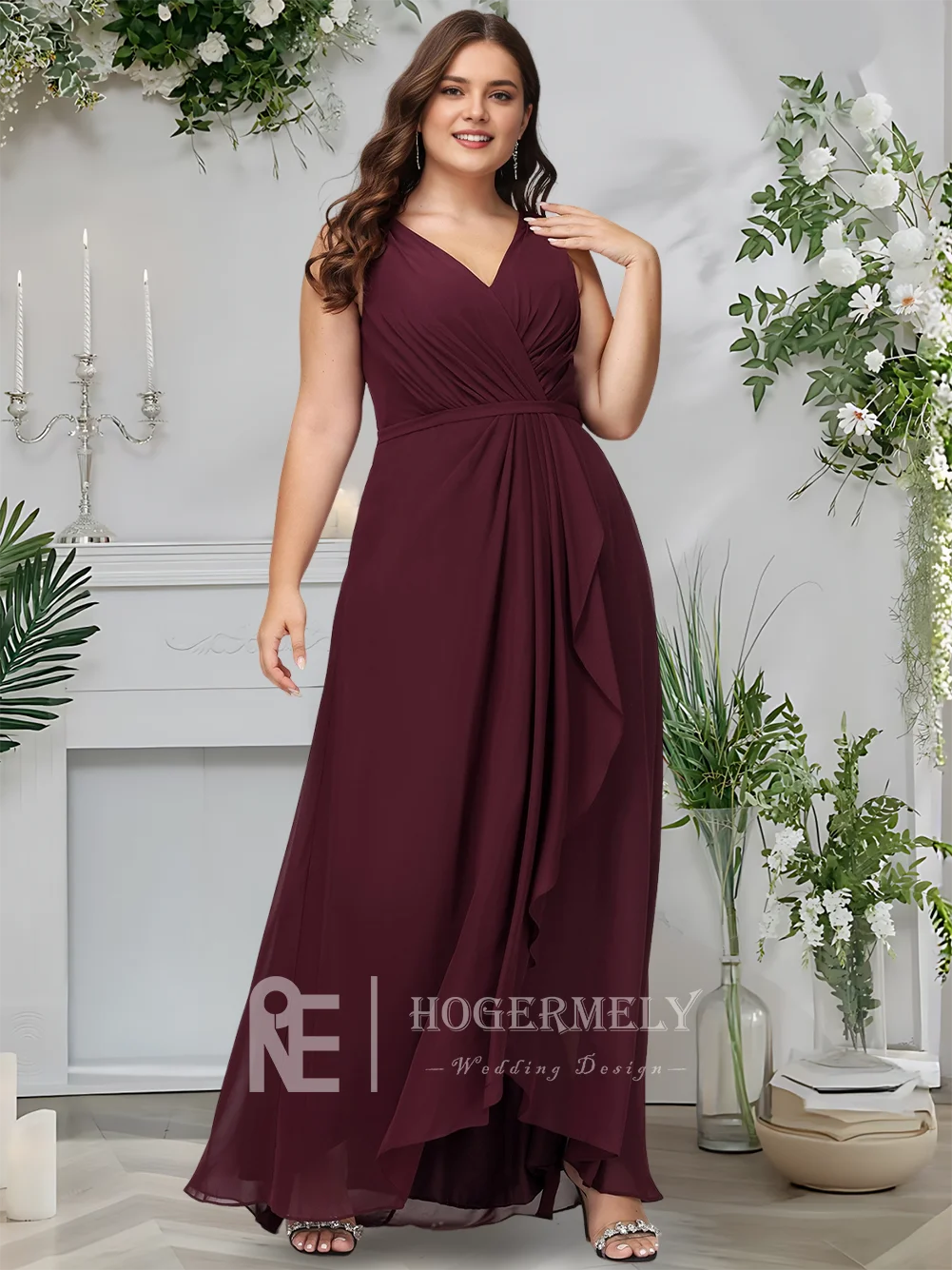 Gaun Pengiring Pengantin Sifon C Cabernet Gaun Malam Pesta Pernikahan Asimetris Kerah V A-Line Gaun Koktail Tamu 2025 Wanita