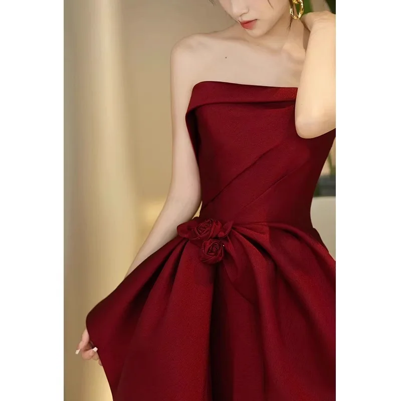 Wine red toast dress bride engagement evening dress petite wedding homecoming satin female