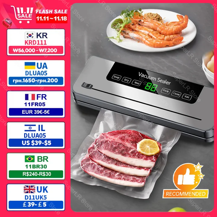 Food Vacuum Sealer Machine Dry Wet Food Vacuum Packaging Machine with UV Kitchen Food Storage Sealing Machine Built-in Cutter