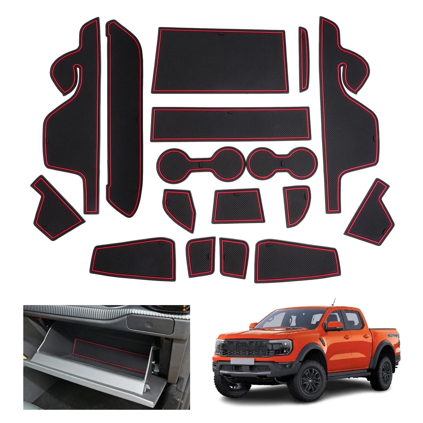 RUIYA do Ford Ranger T9 2023-2026 Elektroniczna Mata Hamulcowa do Rowków Drzwiowych Samochodu, Antypoślizgowa Nakładka na Szczeliny, Akcesoria do Wnętrza Samochodu Ford Ranger (Czerwony) — Zdjęcie 2 z 2