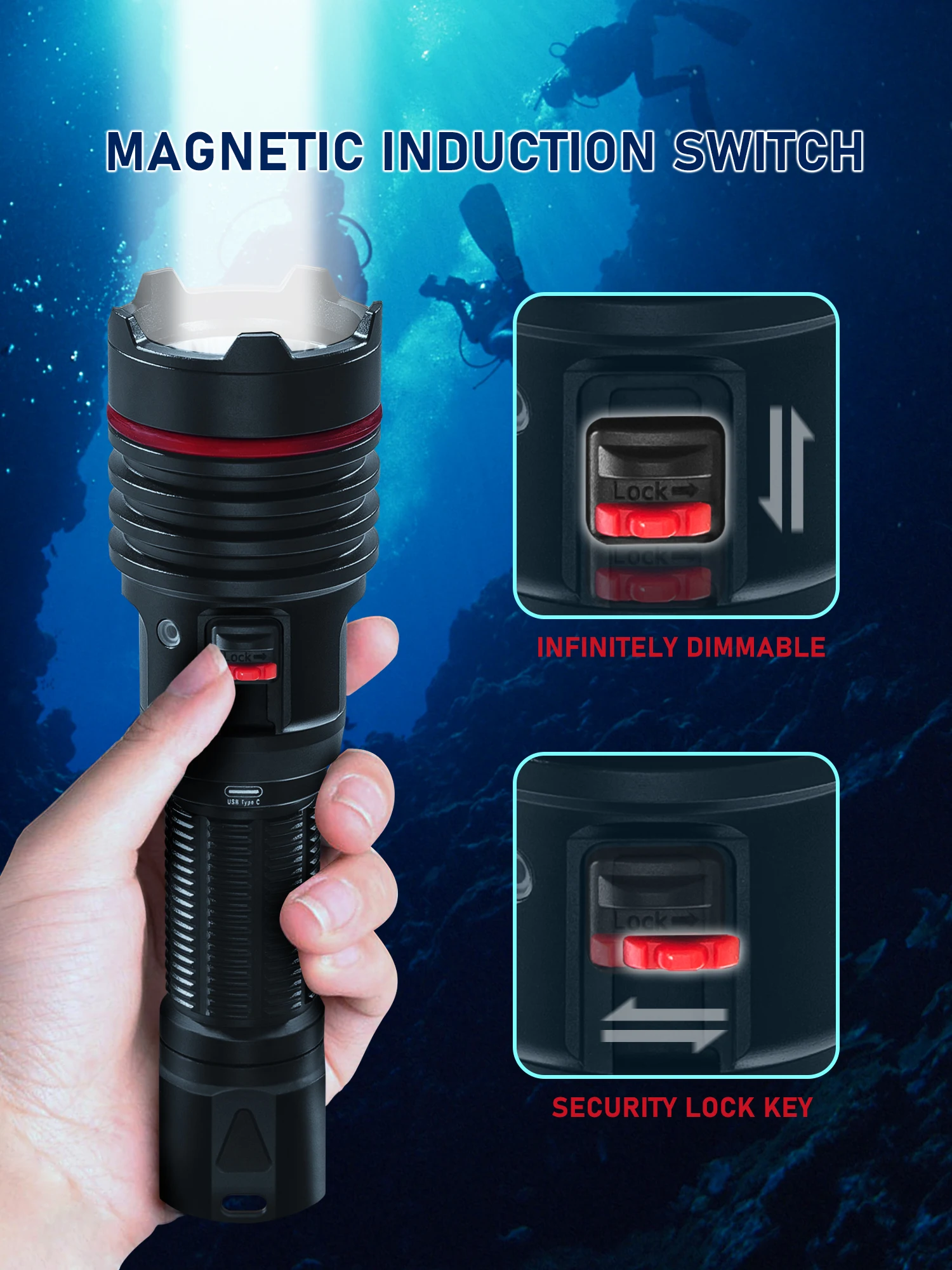 LetonPower diving flashlight underwater light scuba diving flashlight, SM-16 underwater 100M, Type C rechargeable flashlight