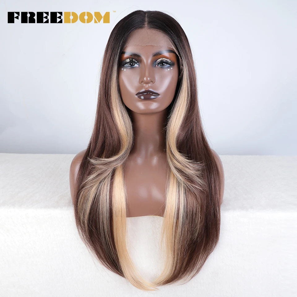 

FREEDOM13x4 Synthetic Lace Frontal Wigs For Women Straight Orange Pink Ombre Blonde Highlight Cosplay Wigs Heat Resistant