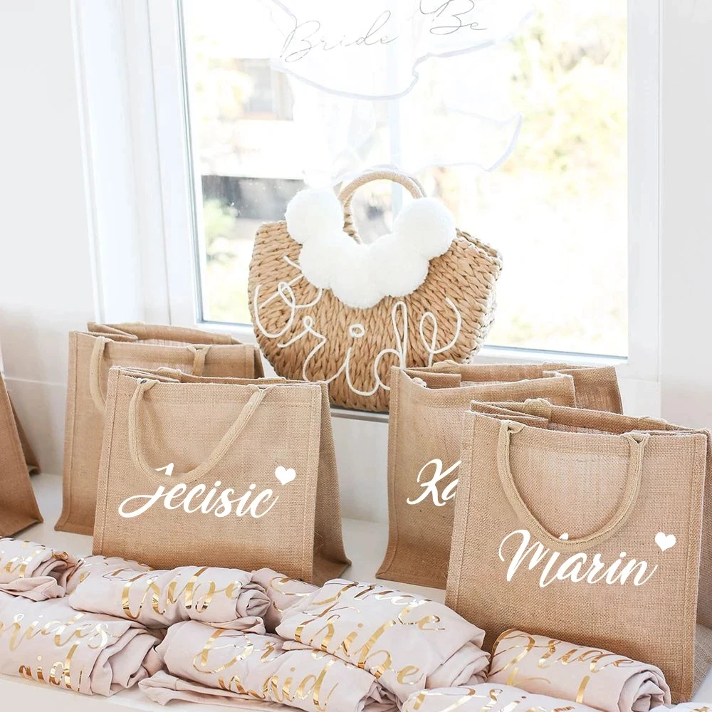 Personalized Burlap Tote Bag, Bridesmaid Gift Bag, Custom Jute Bag, Bridal Bachelorette Party Beach Wedding Favors for Guests