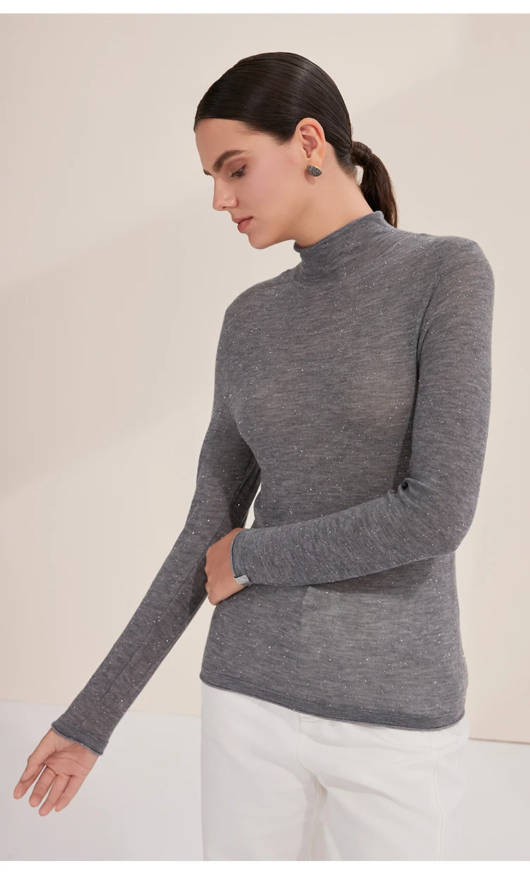 BY3521261 Damen Kaschmir-Mischgewebe Langarm-Strickshirt mit Stehkragen, Glitzergarn, Slim Fit, Leichtgewichtig, Herbstliches Alltags-Oberteil – Detail 4