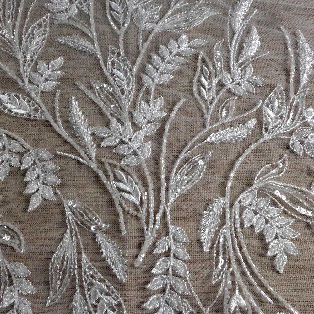 HelluyerDc tela de encaje con cuentas blancas, patrones de orejas de trigo para vestido de fiesta de boda, tela a medida