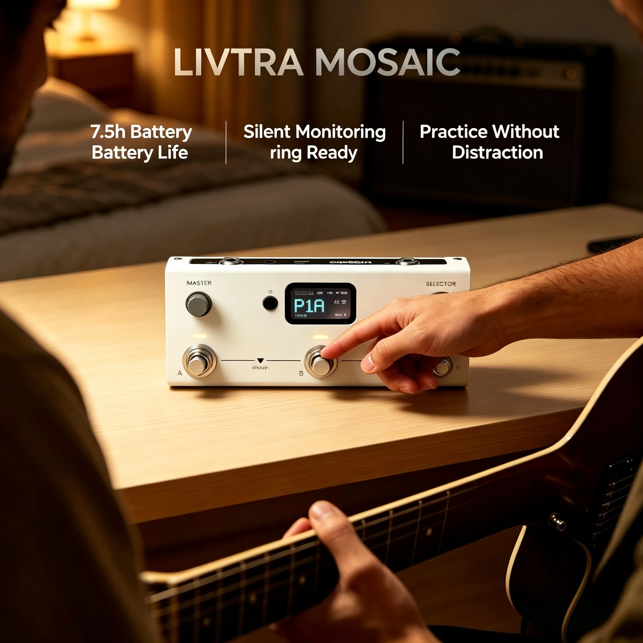 LIVTRA MOSAIC 3-Switch Guitar Multi-Effects Processor 44.1kHz 24bit 30 Amps 30 IRs Bluetooth 7.5H Battery USB Audio view 3