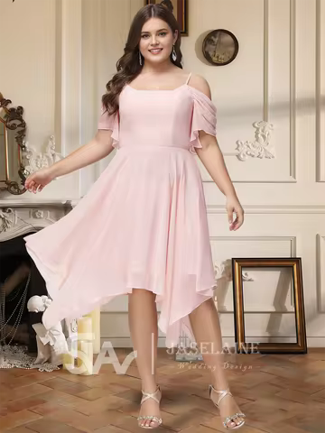 OA Women Bridesmaid Dress A-Line Square Asymmetrical Chiffon Ruffle Spaghetti Straps Wedding Guest Evening Party Cocktail Dress