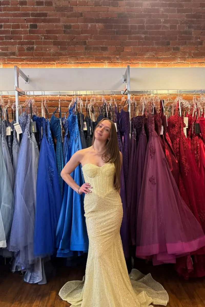 Jessica Sexy Off-the-shoulder Evening Dresses Glitter Sequins Prom Dresses Slim-fit Yellow Formal Occasions Party Dresses