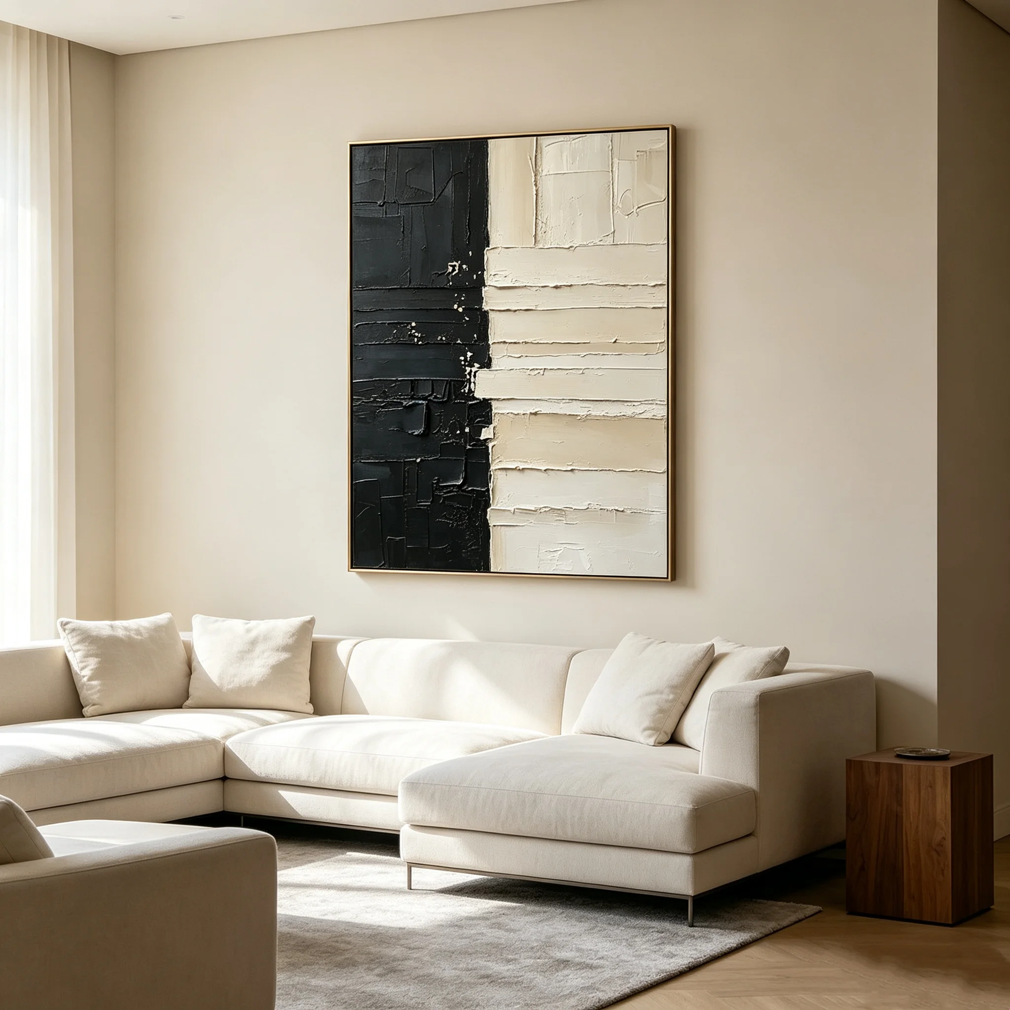 Black and Cream Abstract Wall Art Minimalist Textured Thick Paint Canvas Modern Geometric Home Decor