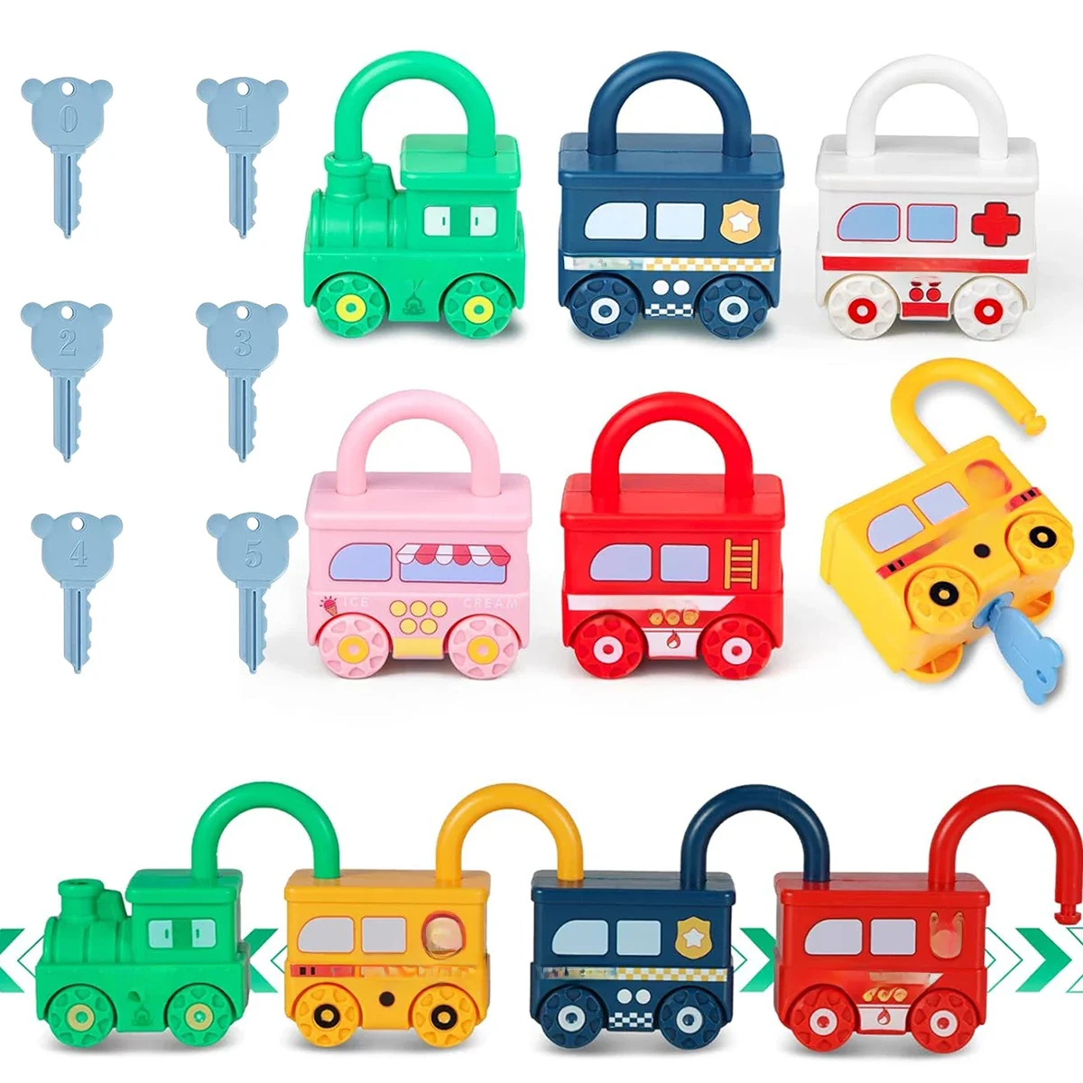 Jouet de Train de voiture de déverrouillage de serrure d'apprentissage précoce de 3 pièces avec des clés, jouets éducatifs de motricité de mathématiques Montessori pour enfants, cadeau d'anniversaire