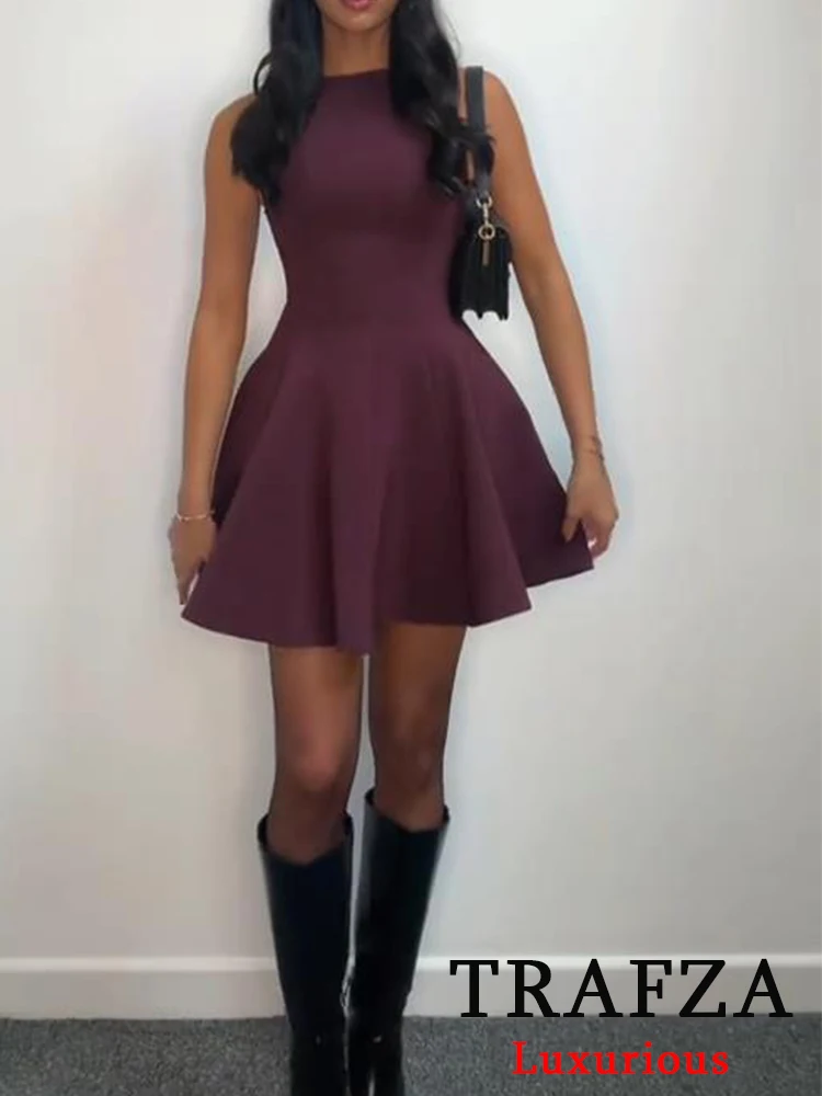 TRAFZA Vintage Casual Chic Women Dress Solid Sleeveless O-Neck Zipper Mini Dress New Fashion 2024 Autumn Winter Female Dress