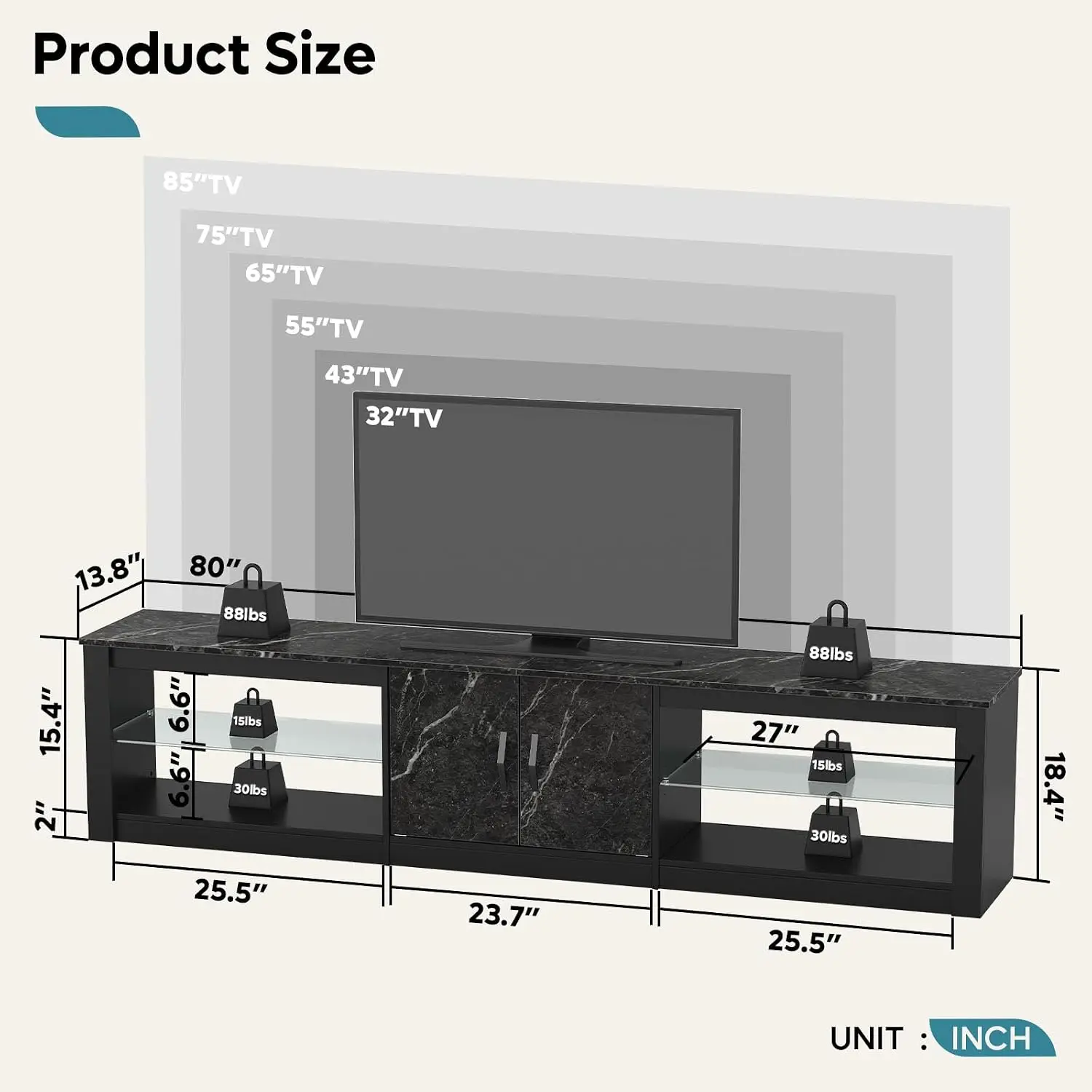 80 Inch TV Stand for 75/85/86 inch TVs, LED Gaming Entertainment Center for PS5 with Storage Cabinet &Adjustable Glass Shelves, Large TV Console Table for Living Room Bedroom, Black Marble