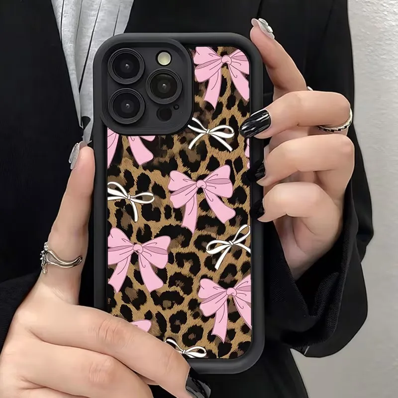 Leopard Print Bow Phone Case For iPhone 18 17 16 15 14 13 12 11 Pro XS Max X XR 8 Plus Mini Air 16e 17e Shockproof Bumper Cover
