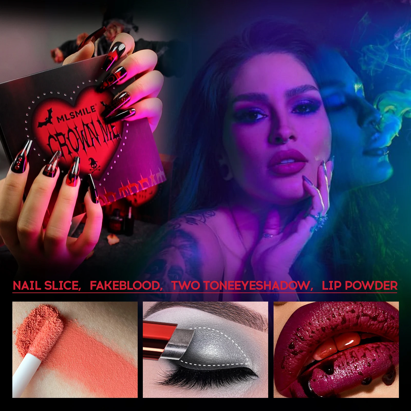 Ensemble de maquillage d'Halloween, rouge à lèvres sang, fard à barrage rose, chlore avec nail art et outils, kit de cosmétiques Halloween invité