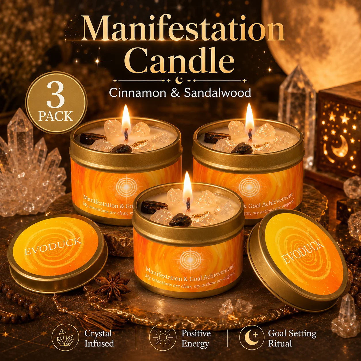 Zimt-Sandelholz Kristall-Duftkerze Manifestation Zielverwirklichung Aromatherapie-Kerze Meditationsraum-Dekoration Geschenk 3oz Dose