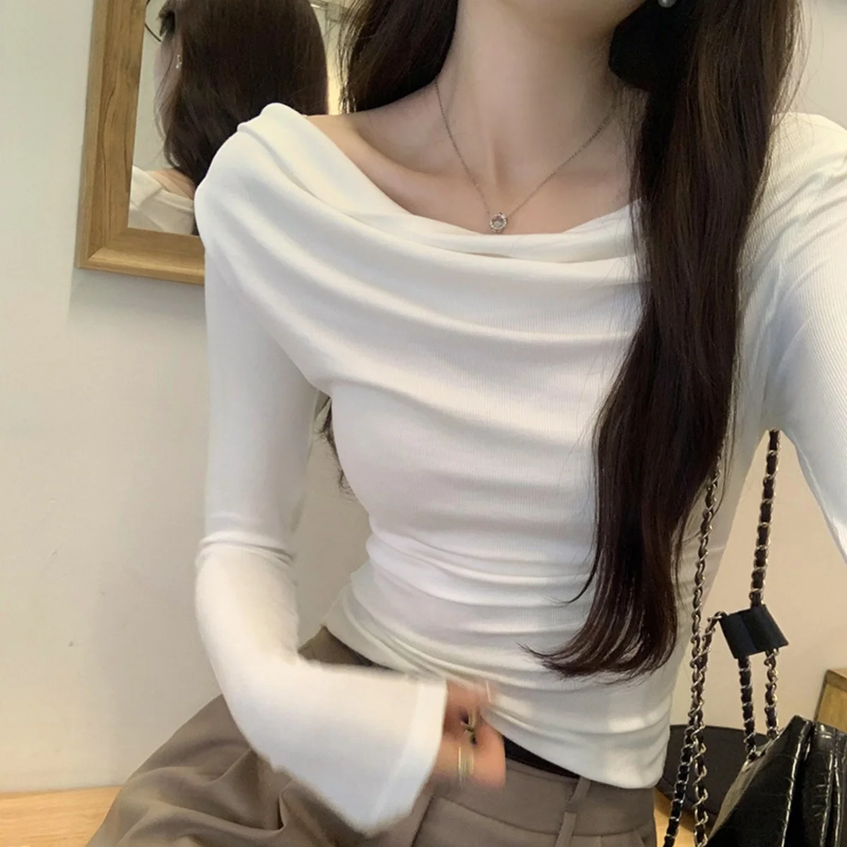 

Сексуальная тонкая футболка с длинным рукавом для женщин, повседневный топ, облегающий, с вырезом, однотонная, для весны, лета, на каждый день, для отдыха, уличная одежда