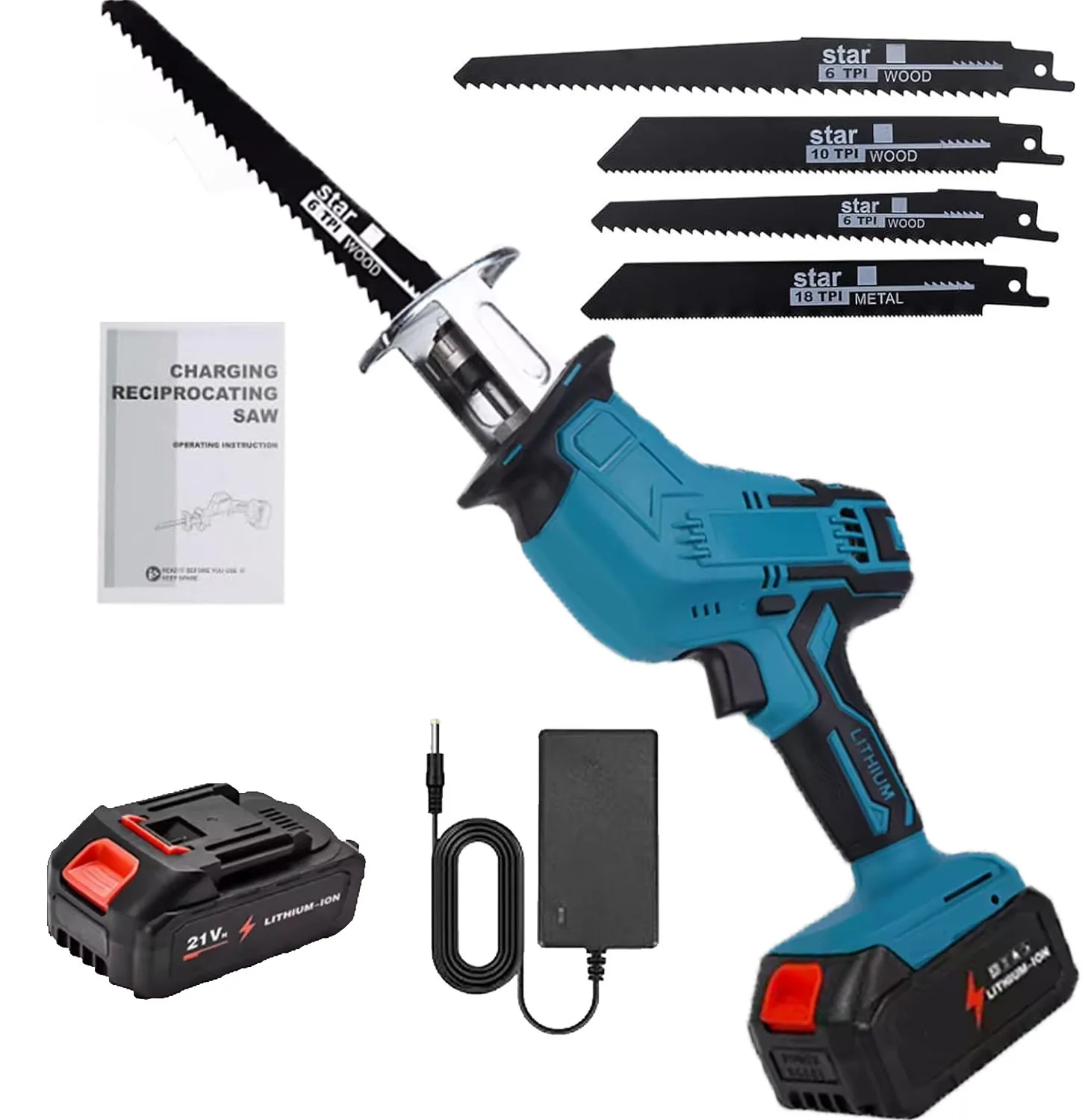 OWJHE Borstelloze Reciprozaag Reciprozaag Draagbare Draadloze Power Tools Met 4 Stuks Zaagbladen Voor Makita 21V Batterij