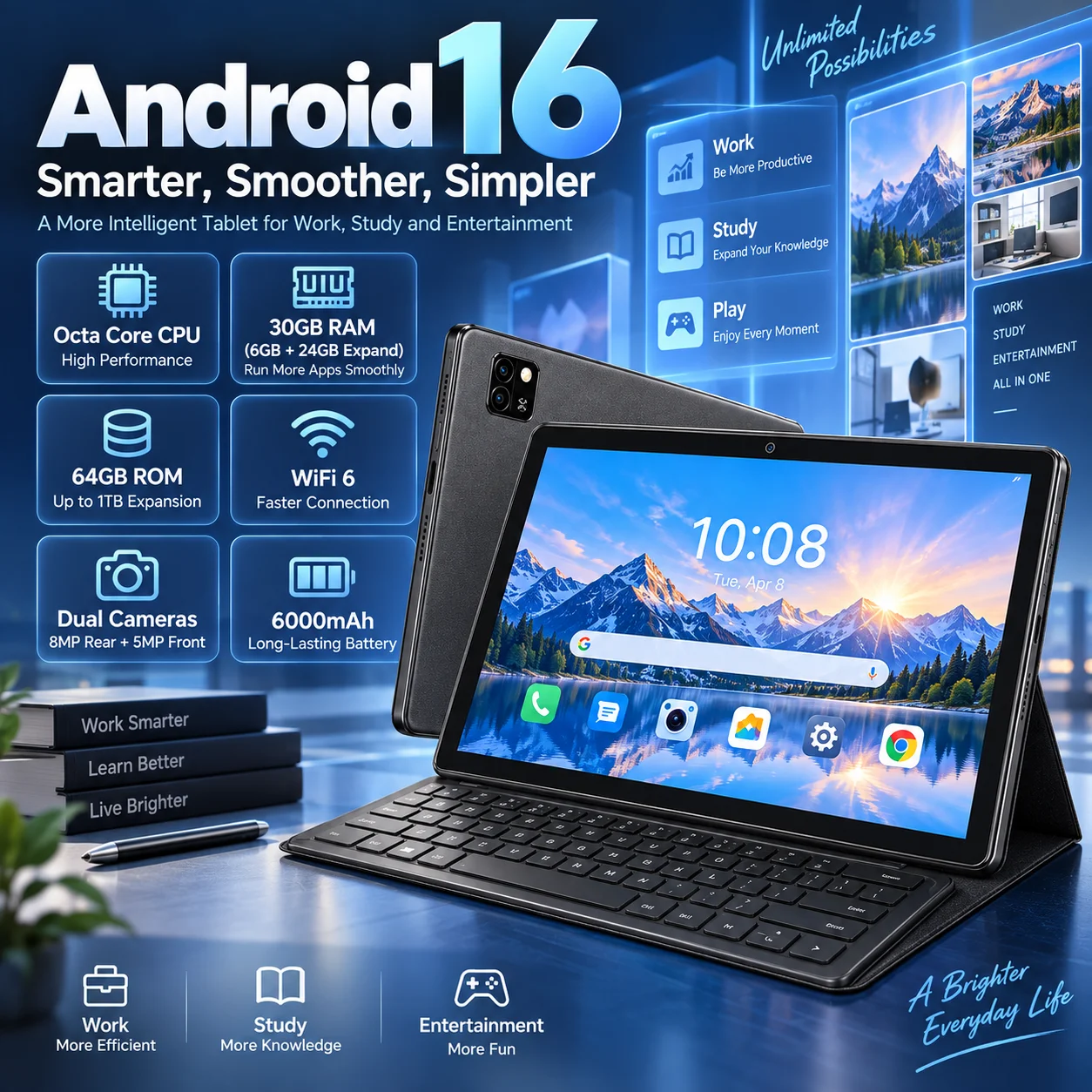 COLORROOM Android 16 Tablet 10 Inch, 30GB RAM 64GB ROM, WiFi 6, Large HD Display Tablet for Work Study Home Entertainment