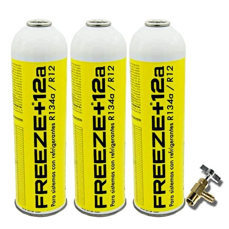 3 Bottles Eco-gas refrigerant Freeze + 12a 420Gr + organic valve substitute R12, R134A