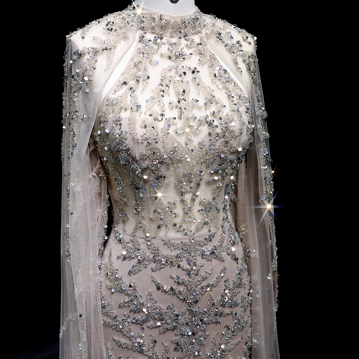 Sharon Said Elegantes Perlenbesetztes Champagner-Abendkleid mit Cape-Ärmeln, Türkis, Dubai, Damen-Hochzeitskleider, SS161, Maßanfertigung – Detail 7