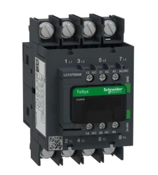 

LC1DT60A6ED new model LC1DT60A6BNE Contactor, TeSys Deca, 4P(4 NO), AC-1, 0 to 440V, 60A, 24-60VAC/DC coil, ring-lugs