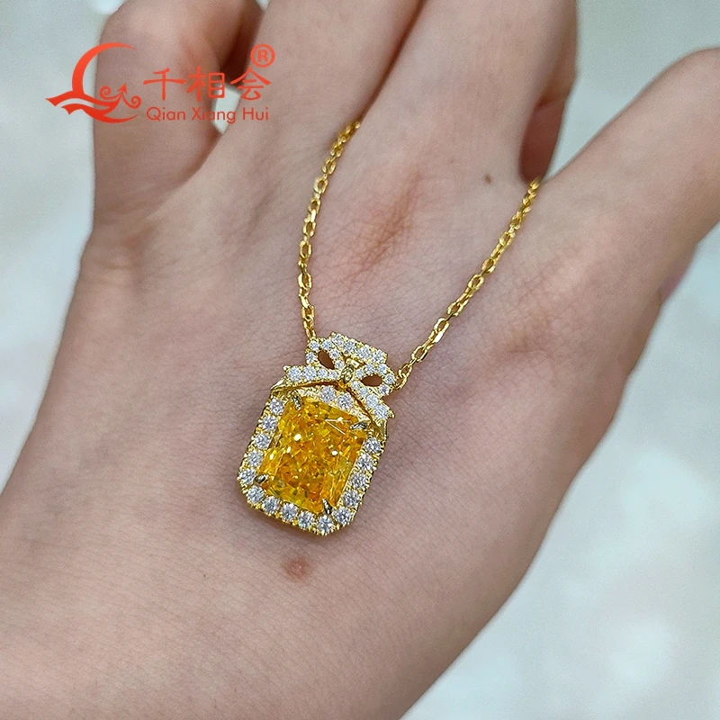 Emerald cut 9*11mm yellow color radiant ice cz stone  bow-knot  925 silver white moissanite Pendant Necklace chain jewelry