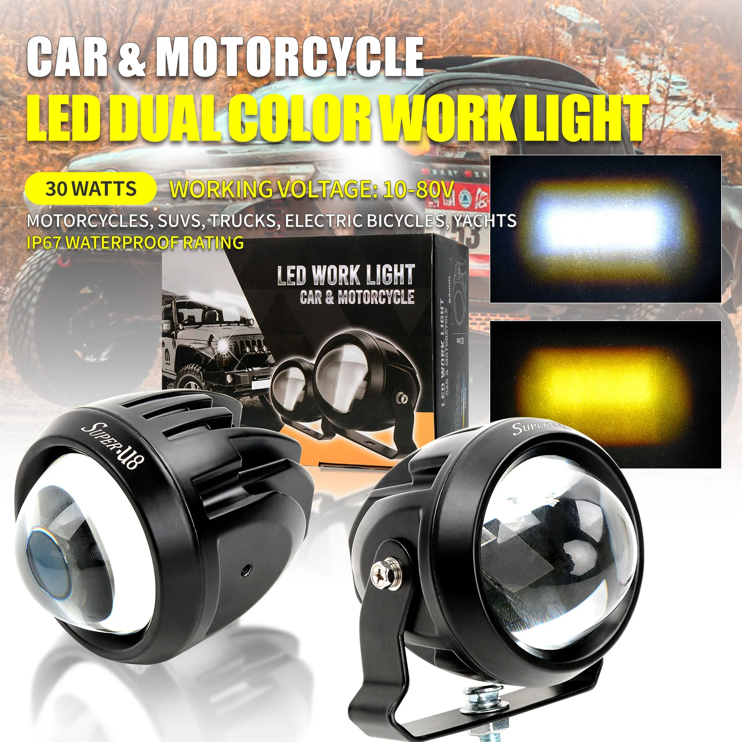 Motorcycle Offroad 30W Led Headlight Projector Laser fog lamp side shooter led pods yellow white Lens Spotlight for Trucks ATV