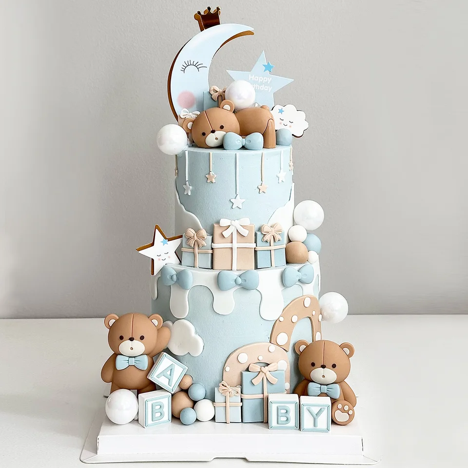 Décoration De Gâteau Ours Bleu Avec Boules D'Or - Thème Bébé Garçon Et Anniversaire