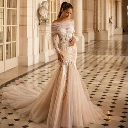 Customized Romantic Wedding Dresses for Women Tulle Long Sleeve Sexy Backless Bride Gown Illusion Mermaid Dress vestidos de novi