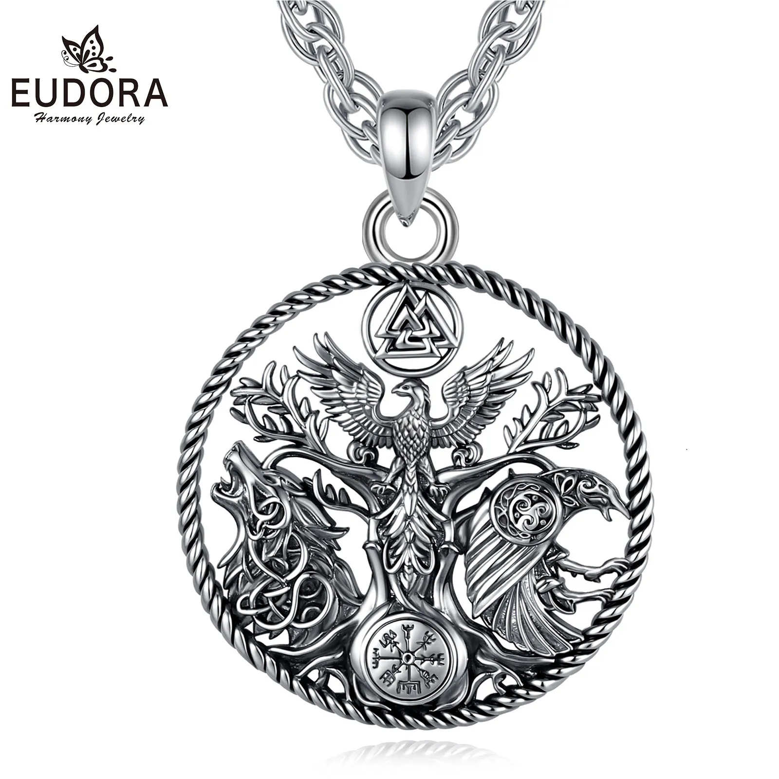 Eudora Wikinger Raben-Wolf-Halskette Phönix Lebensbaum Kompass Anhänger Nordische Heidnische Spirituelle Schmuck Geschenk für Männer Frauen