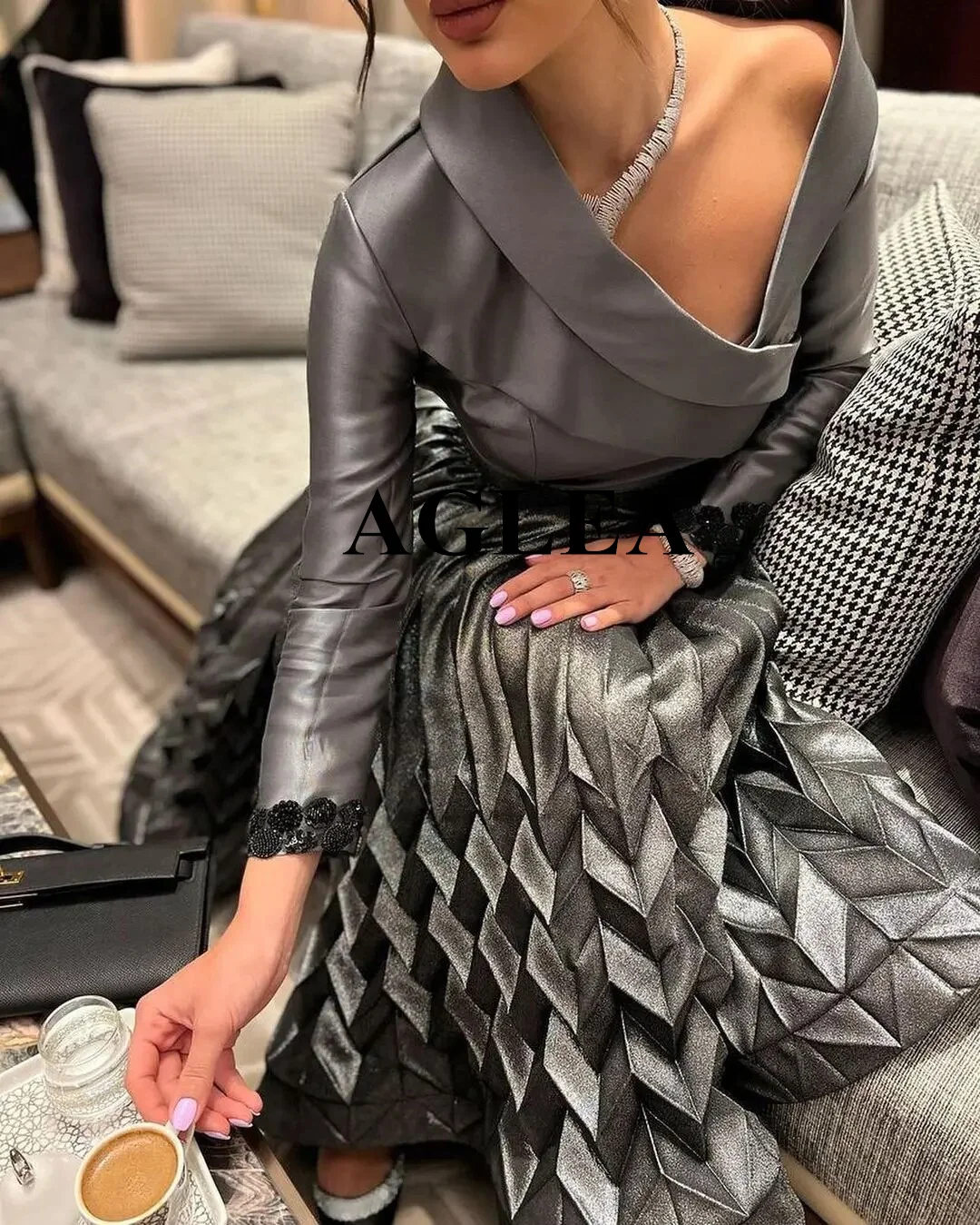 AGLEA 2024 Vintage Formal Occasion Dresses A-line V Neck Long Sleeves Pleated Beaded Ankle Length Women Prom Evening Dress