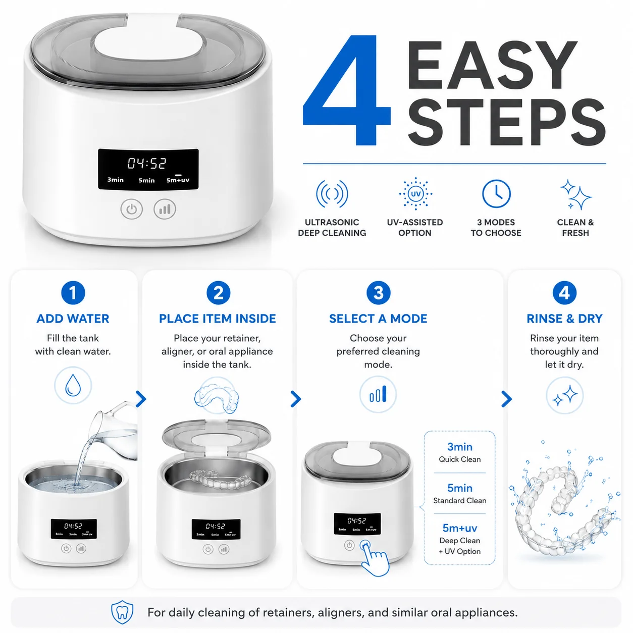 White Ultrasonic Retainer Cleaner with UV 3 Cleaning Modes Digital Timer for Dentures Aligners Night Guards Home and Travel 1PCS
